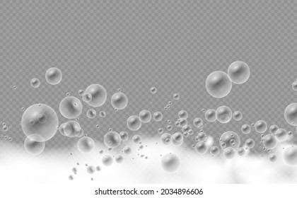 Soap foam isolated on transparent background. Set of bath foam with shampoo bubbles. Soap, gel or shampoo bubbles overlay suds texture. Vector illustration, EPS 10.