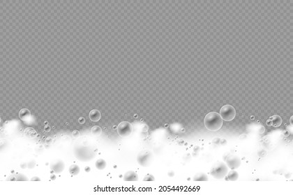 Soap foam isolated on transparent background. Set of bath foam with shampoo bubbles. Soap, gel or shampoo bubbles overlay suds texture. Vector illustration, EPS 10.
