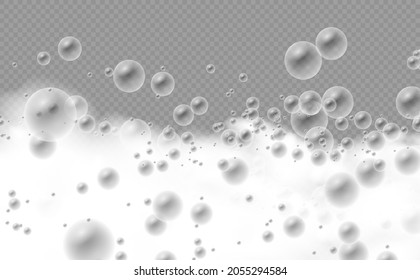 Soap foam isolated on transparent background. Set of bath foam with shampoo bubbles. Soap, gel or shampoo bubbles overlay suds texture. Vector illustration, EPS 10.