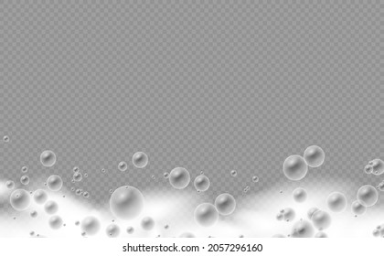 Soap foam isolated on transparent background. Set of bath foam with shampoo bubbles. Soap, gel or shampoo bubbles overlay suds texture. Vector illustration, EPS 10.