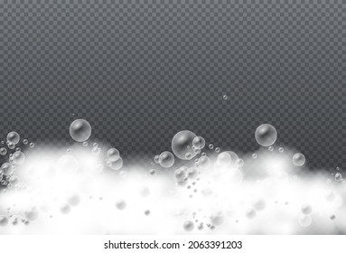 Espuma de jabón aislada en un fondo transparente. Espuma de baño con burbujas de champú. Las burbujas de jabón, gel o champú superponen la textura de los suds. Ilustración del vector, EPS 10.