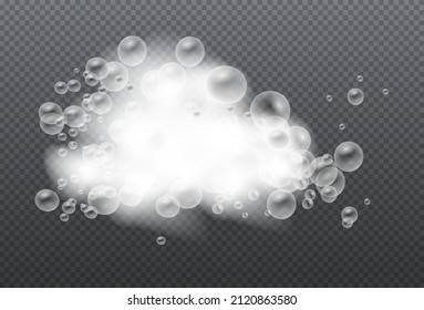 Espuma de jabón aislada en un fondo transparente. Espuma de baño con burbujas de champú. Las burbujas de jabón, gel o champú superponen la textura de los suds. Ilustración del vector, EPS 10.