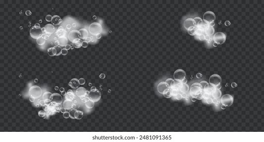 Soap foam isolated on transparent background. Set of bath foam with shampoo bubbles. Soap, gel or shampoo bubbles overlay suds texture. Vector illustration, EPS 10.