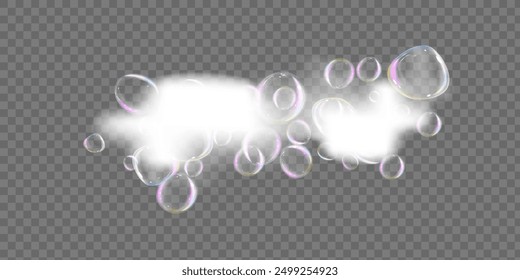 Soap foam isolated on transparent background. Set of bath foam with shampoo bubbles. Soap, gel or shampoo bubbles overlay