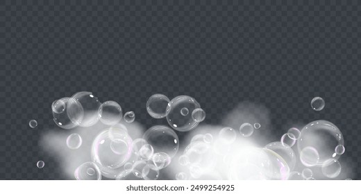 Soap foam isolated on transparent background. Set of bath foam with shampoo bubbles. Soap, gel or shampoo bubbles overlay