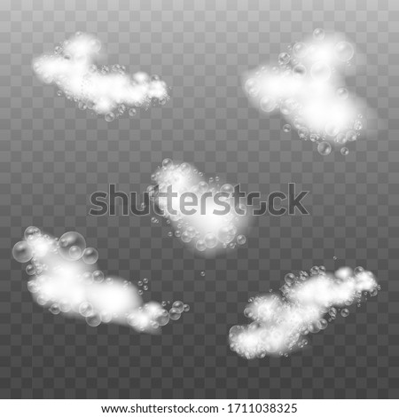 Soap foam isolated on transparent background. Set of bath foam with shampoo bubbles. Soap, gel or shampoo bubbles overlay suds texture. Vector illustration, EPS 10.