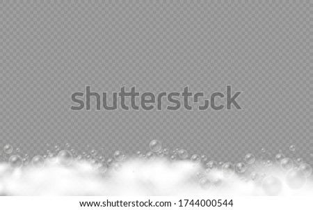 Soap foam isolated on transparent background, set of bath foam with shampoo bubbles and soap, gel or shampoo bubbles overlay suds texture, vector illustration, eps 10.