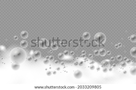 Soap foam isolated on transparent background. Set of bath foam with shampoo bubbles. Soap, gel or shampoo bubbles overlay suds texture. Vector illustration, EPS 10.