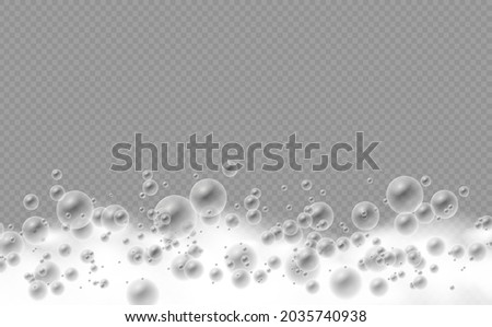 Soap foam isolated on transparent background. Set of bath foam with shampoo bubbles. Soap, gel or shampoo bubbles overlay suds texture. Vector illustration, EPS 10.