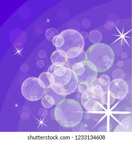 Soap foam on the background of the gradient. Realistic 3d water bubbles. Realistic bubbles of color liquid foam. Cosmetic flyer. Shampoo, bath and shower soap. Vector illustration.