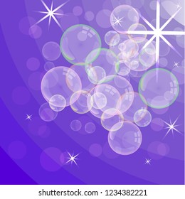 Soap foam on the background of the gradient. Realistic 3d water bubbles. Realistic bubbles of color liquid foam. Cosmetic flyer. Shampoo, bath and shower soap. Vector illustration.