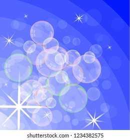 Soap foam on the background of the gradient. Realistic 3d water bubbles. Realistic bubbles of color liquid foam. Cosmetic flyer. Shampoo, bath and shower soap. Vector illustration.