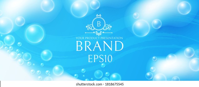 Soap foam on blue background. White transparent lather with bubbles. Fresh and clean product adverticing.