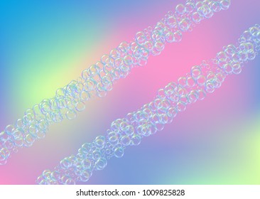 Soap foam on gradient background. Realistic water bubbles 3d. Cool rainbow colored liquid foam with shampoo bubbles. Horizontal cosmetic flyer and invite. Soap foam for bath and shower. Vector EPS10.