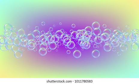 Soap foam on gradient background. Realistic water bubbles 3d. Cool rainbow colored liquid foam with shampoo bubbles. Cosmetic flyer and invite. Soap foam for bath and shower. Vector EPS10.