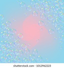 Soap foam on gradient background. Realistic water bubbles 3d. Cool rainbow colored liquid foam with shampoo bubbles. Cosmetic flyer and invite. Soap for bath and shower. Vector EPS10.