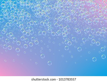 Soap foam on gradient background. Realistic water bubbles 3d. Cool rainbow colored liquid foam with shampoo bubbles. Horizontal cosmetic flyer and invite. Soap foam for bath and shower. Vector EPS10.