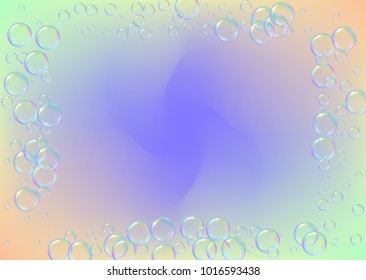 Soap foam on gradient background. Realistic water bubbles 3d. Cool rainbow colored liquid foam with shampoo bubbles. Horizontal cosmetic flyer and invite. Soap foam for bath and shower. Vector EPS10.