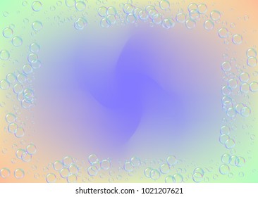 Soap foam on gradient background. Realistic water bubbles 3d. Cool rainbow colored liquid foam with shampoo bubbles. Horizontal cosmetic flyer and invite. Soap foam for bath and shower. Vector EPS10.
