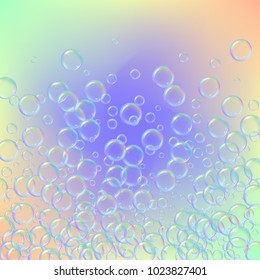 Soap foam on gradient background. Realistic water bubbles 3d. Cool rainbow colored liquid foam with shampoo bubbles. Cosmetic flyer and invite. Soap for bath and shower. Vector EPS10.