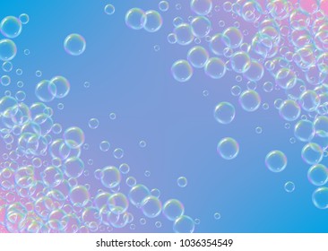 Soap foam on gradient background. Realistic water bubbles 3d. Cool rainbow colored liquid foam with shampoo bubbles. Horizontal cosmetic flyer and invite. Soap foam for bath and shower. Vector EPS10.