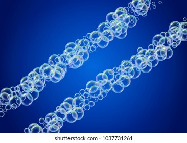 Soap foam on gradient background. Realistic water bubbles 3d. Cool rainbow colored liquid foam with shampoo bubbles. Horizontal cosmetic flyer and invite. Soap foam for bath and shower. Vector EPS10.