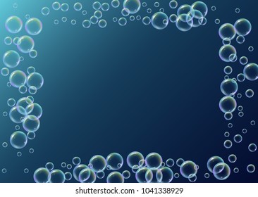 Soap foam on gradient background. Realistic water bubbles 3d. Cool rainbow colored liquid foam with shampoo bubbles. Horizontal cosmetic flyer and invite. Soap foam for bath and shower. Vector EPS10.