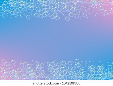 Soap foam on gradient background. Realistic water bubbles 3d. Cool rainbow colored liquid foam with shampoo bubbles. Horizontal cosmetic flyer and invite. Soap foam for bath and shower. Vector EPS10.