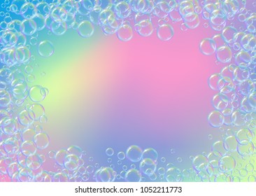 Soap foam on gradient background. Realistic water bubbles 3d. Cool rainbow colored liquid foam with shampoo bubbles. Horizontal cosmetic flyer and invite. Soap foam for bath and shower. Vector EPS10.