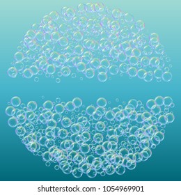 Soap foam on gradient background. Realistic water bubbles 3d. Cool rainbow colored liquid foam with shampoo bubbles. Cosmetic flyer and invite. Soap for bath and shower. Vector EPS10.