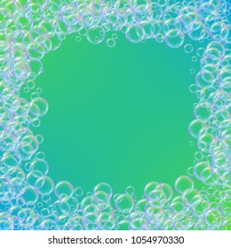 Soap foam on gradient background. Realistic water bubbles 3d. Cool rainbow colored liquid foam with shampoo bubbles. Cosmetic flyer and invite. Soap for bath and shower. Vector EPS10.