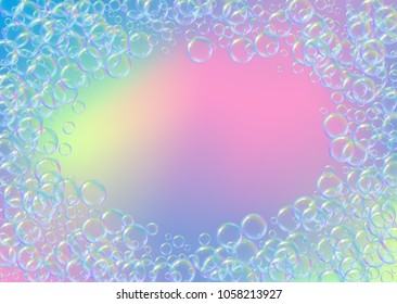 Soap foam on gradient background. Realistic water bubbles 3d. Cool rainbow colored liquid foam with shampoo bubbles. Horizontal cosmetic flyer and invite. Soap foam for bath and shower. Vector EPS10.