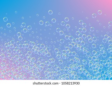 Soap foam on gradient background. Realistic water bubbles 3d. Cool rainbow colored liquid foam with shampoo bubbles. Horizontal cosmetic flyer and invite. Soap foam for bath and shower. Vector EPS10.