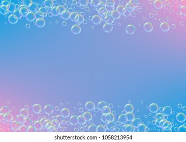 Soap foam on gradient background. Realistic water bubbles 3d. Cool rainbow colored liquid foam with shampoo bubbles. Horizontal cosmetic flyer and invite. Soap foam for bath and shower. Vector EPS10.