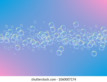 Soap foam on gradient background. Realistic water bubbles 3d. Cool rainbow colored liquid foam with shampoo bubbles. Horizontal cosmetic flyer and invite. Soap foam for bath and shower. Vector EPS10.