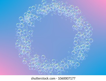 Soap foam on gradient background. Realistic water bubbles 3d. Cool rainbow colored liquid foam with shampoo bubbles. Horizontal cosmetic flyer and invite. Soap foam for bath and shower. Vector EPS10.