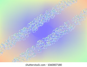 Soap foam on gradient background. Realistic water bubbles 3d. Cool rainbow colored liquid foam with shampoo bubbles. Horizontal cosmetic flyer and invite. Soap foam for bath and shower. Vector EPS10.