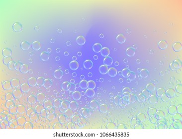 Soap foam on gradient background. Realistic water bubbles 3d. Cool rainbow colored liquid foam with shampoo bubbles. Horizontal cosmetic flyer and invite. Soap foam for bath and shower. Vector EPS10.