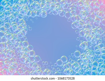 Soap foam on gradient background. Realistic water bubbles 3d. Cool rainbow colored liquid foam with shampoo bubbles. Horizontal cosmetic flyer and invite. Soap foam for bath and shower. Vector EPS10.