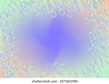 Soap foam on gradient background. Realistic water bubbles 3d. Cool rainbow colored liquid foam with shampoo bubbles. Horizontal cosmetic flyer and invite. Soap foam for bath and shower. Vector EPS10.
