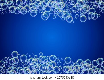 Soap foam on gradient background. Realistic water bubbles 3d. Cool rainbow colored liquid foam with shampoo bubbles. Horizontal cosmetic flyer and invite. Soap foam for bath and shower. Vector EPS10.