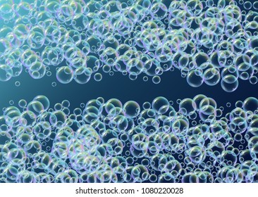 Soap foam on gradient background. Realistic water bubbles 3d. Cool rainbow colored liquid foam with shampoo bubbles. Horizontal cosmetic flyer and invite. Soap foam for bath and shower. Vector EPS10.