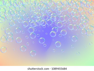 Soap foam on gradient background. Realistic water bubbles 3d. Cool rainbow colored liquid foam with shampoo bubbles. Horizontal cosmetic flyer and invite. Soap foam for bath and shower. Vector EPS10.