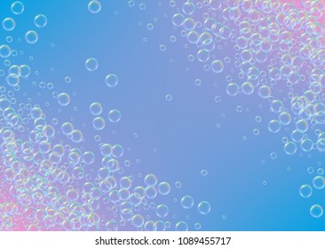 Soap foam on gradient background. Realistic water bubbles 3d. Cool rainbow colored liquid foam with shampoo bubbles. Horizontal cosmetic flyer and invite. Soap foam for bath and shower. Vector EPS10.