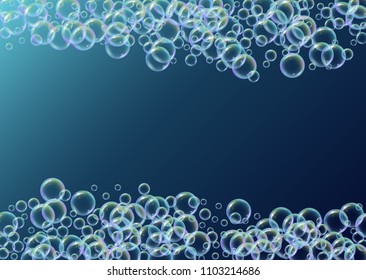 Soap foam on gradient background. Realistic water bubbles 3d. Cool rainbow colored liquid foam with shampoo bubbles. Horizontal cosmetic flyer and invite. Soap foam for bath and shower. Vector EPS10.
