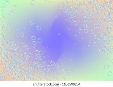 Soap foam on gradient background. Realistic water bubbles 3d. Cool rainbow colored liquid foam with shampoo bubbles. Horizontal cosmetic flyer and invite. Soap foam for bath and shower. Vector EPS10.