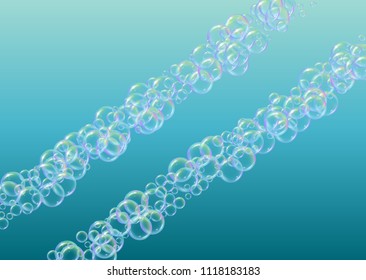 Soap foam on gradient background. Realistic water bubbles 3d. Cool rainbow colored liquid foam with shampoo bubbles. Horizontal cosmetic flyer and invite. Soap foam for bath and shower. Vector EPS10.