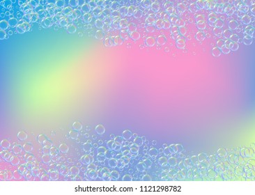 Soap foam on gradient background. Realistic water bubbles 3d. Cool rainbow colored liquid foam with shampoo bubbles. Horizontal cosmetic flyer and invite. Soap foam for bath and shower. Vector EPS10.