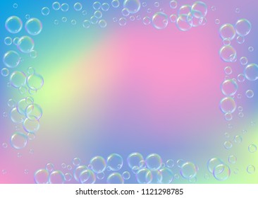 Soap foam on gradient background. Realistic water bubbles 3d. Cool rainbow colored liquid foam with shampoo bubbles. Horizontal cosmetic flyer and invite. Soap foam for bath and shower. Vector EPS10.