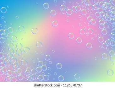 Soap foam on gradient background. Realistic water bubbles 3d. Cool rainbow colored liquid foam with shampoo bubbles. Horizontal cosmetic flyer and invite. Soap foam for bath and shower. Vector EPS10.